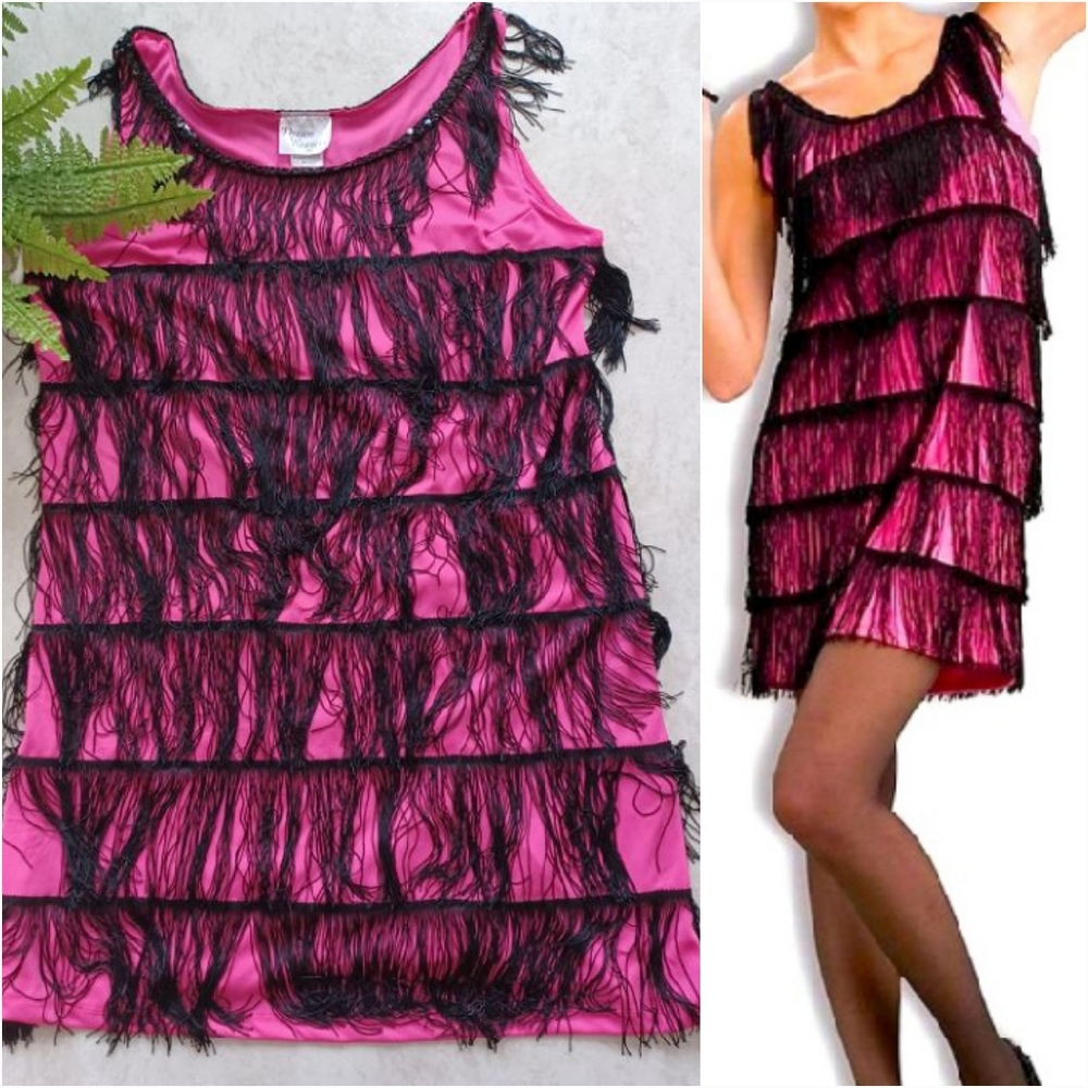 Dream Weaver Pink & Black Fringe Flapper Dress 1X